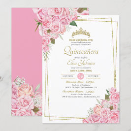 Convites Rosas Rosa Douradas Tiara Quinceanera Floral