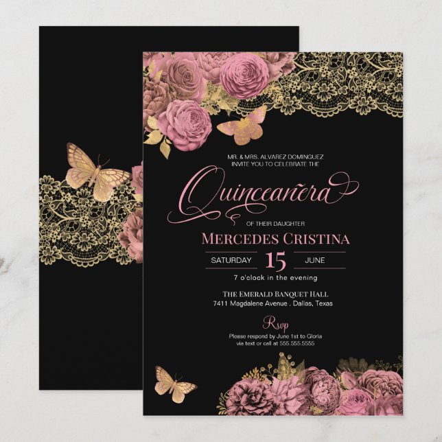 Convites Rosas Rosa e Borboleta Glamorosa Quinceañera (Frente/Verso)