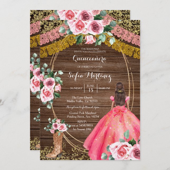 Convites Rosas Rosa e Botas Charra Quinceanera 2 (Frente/Verso)