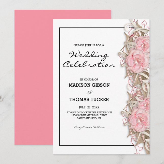 Convites Rosas Rosa E Casamento Com Lobras (Frente/Verso)