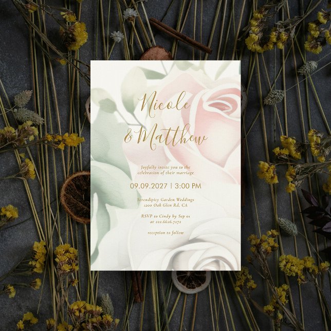 Convites Rosas rosa e Casamento Personalizado de Script Dou (Pink Roses & Gold Script Personalized Wedding Invitation)