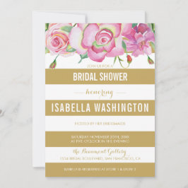 Convites Rosas rosa e Chá de panela Dourado de  faixas bran