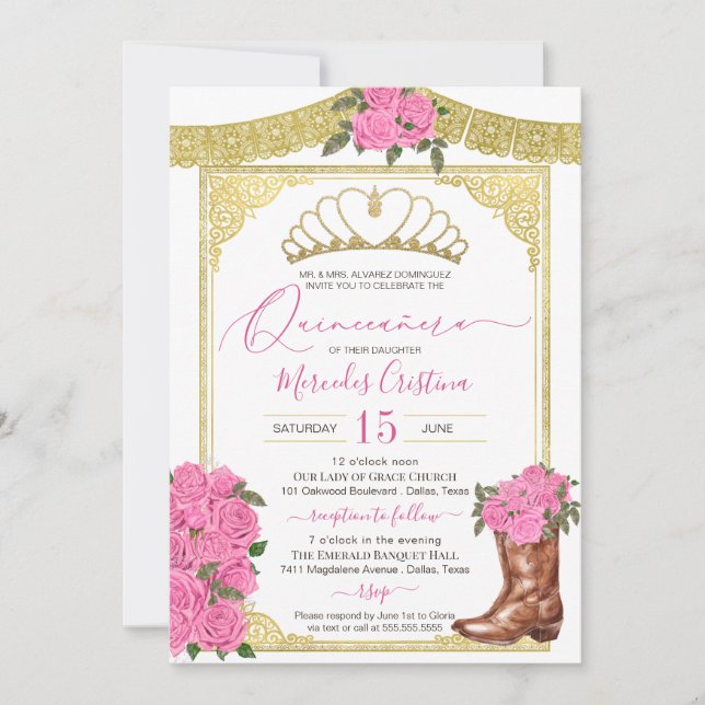 Convites Rosas rosa e Dourada Boot Floral Charro Quinceaner (Frente)