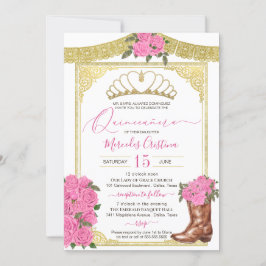 Convites Rosas rosa e Dourada Boot Floral Charro Quinceaner