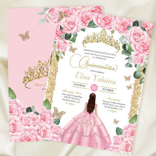Convites Rosas rosa e Dourada Borboleta Quinceanera