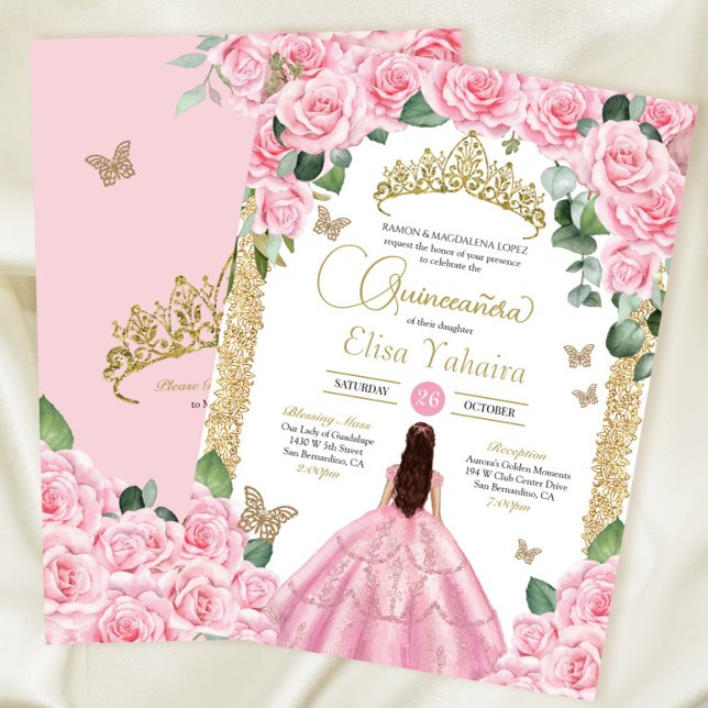 Convites Rosas rosa e Dourada Borboleta Quinceanera (Criador carregado)