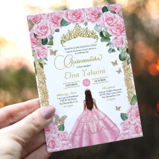 Convites Rosas rosa e Dourada Butterfly Princesa Quinceaner