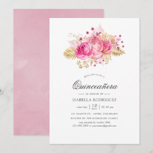 Convites Rosas Rosa e Douradas Aquarela Quinceañera