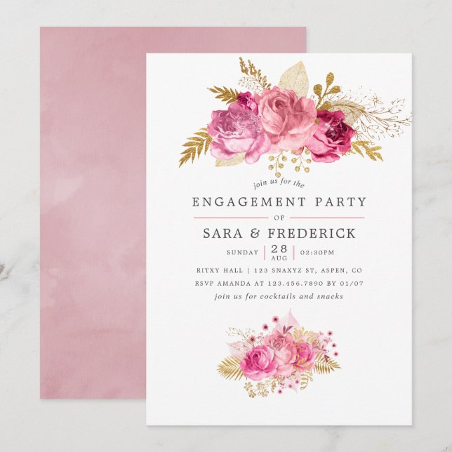 Convites Rosas rosa e Dourados Festa de noivado de Aquarela (Frente/Verso)