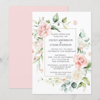 Convites Rosas rosa e Eucalyptus Frame Pink Back Casamento
