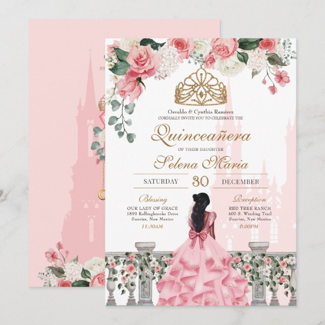 Convites Rosas rosa e princesa Dourada Fairytala Quinceaner (Frente/Verso)