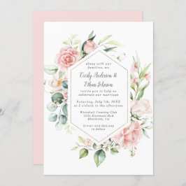 Convites Rosas rosa e quadro geométrico Dourado de Eucalypt