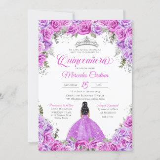 Convites Rosas rosa e roxas e Prata Tiara Quinceanera