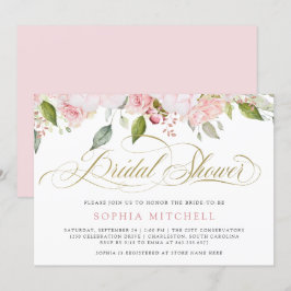 Convites Rosas Rosa e Script Dourado Elegante | CHÁ DE PANE