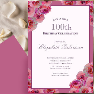 Convites Rosas Rosa Elegantes Aniversário de 100 anos das M