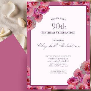 Convites Rosas Rosa Elegantes Aniversário de 90 anos para M