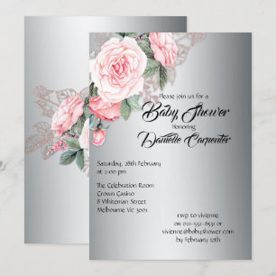 Convites Rosas Rosa Elegantes no Chá de fraldas de Prata