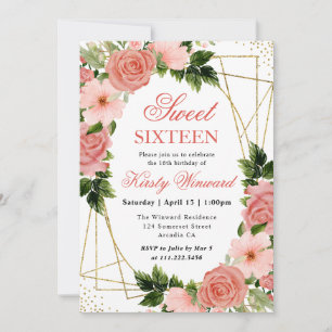 Convites Rosas Rosa em Aquarela Quadro Dourado Sweet 16