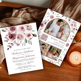 Convites Rosas Rosa Empoeiradas Código QR de Foto Casamento