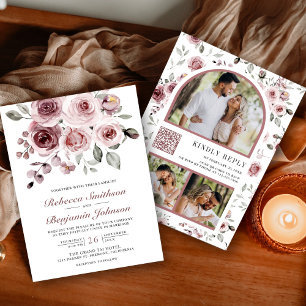 Convites Rosas Rosa Empoeiradas Código QR de Foto Casamento
