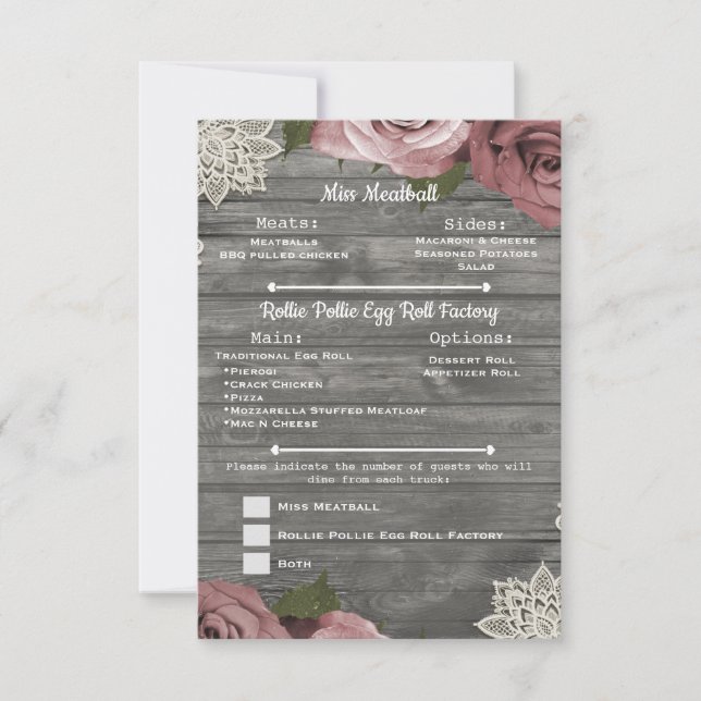 Convites Rosas Rosa Empoeirado Cinza Lace Menu Insert Madei (Frente)