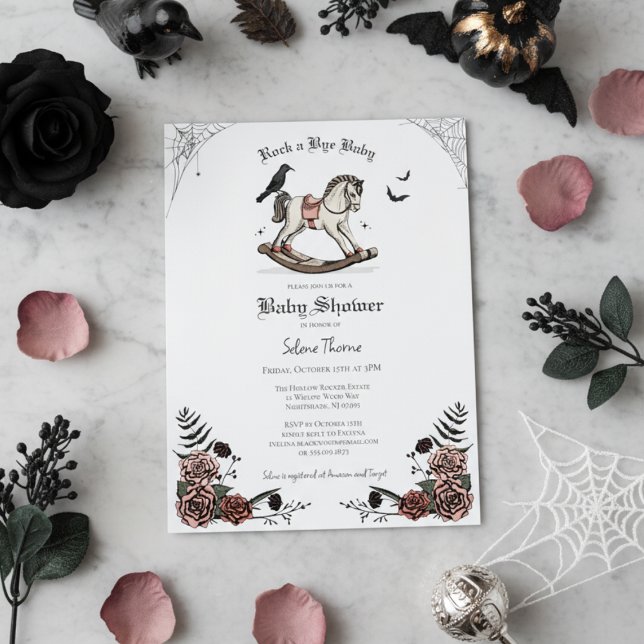 Convites Rosas Rosa Enroscando Chá de fraldas Gótico do Cav (Gothic Baby Shower Invitations. Elegant Pink Floral Spooky Rocking Horse Illustration for Halloween )
