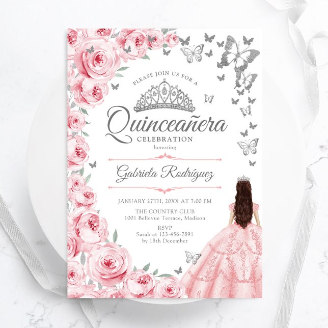 Convites Rosas Rosa Esbranquiçadas Borboletas Quinceanera F (Criador carregado)