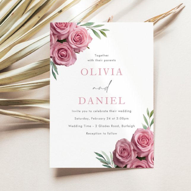 Convites Rosas Rosa-Esbranquiçadas Sage Green Deixa casamen (Criador carregado)