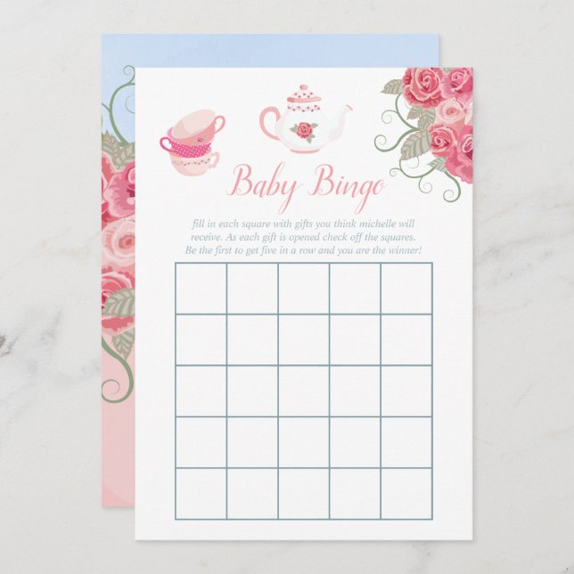 Convites Rosas Rosa Floral Tea Party Chá de fraldas Baby Bi (Frente/Verso)