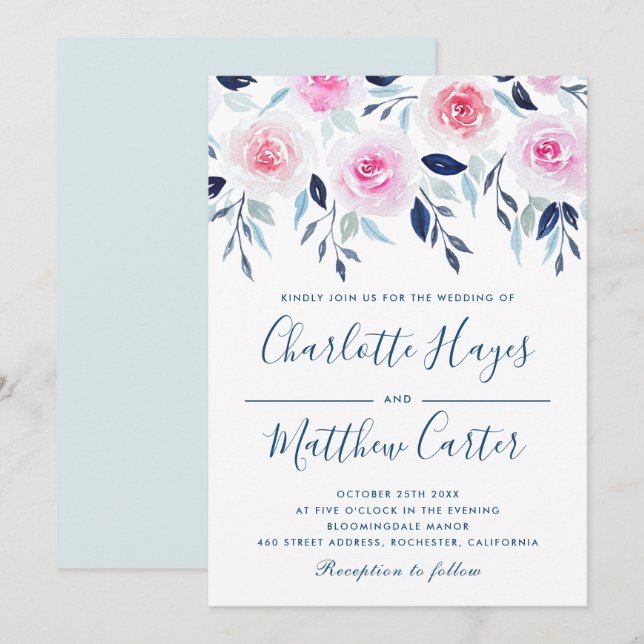 Convites Rosas Rosa Flóridas Azuis Folhas Naves Aquáticas C (Frente/Verso)