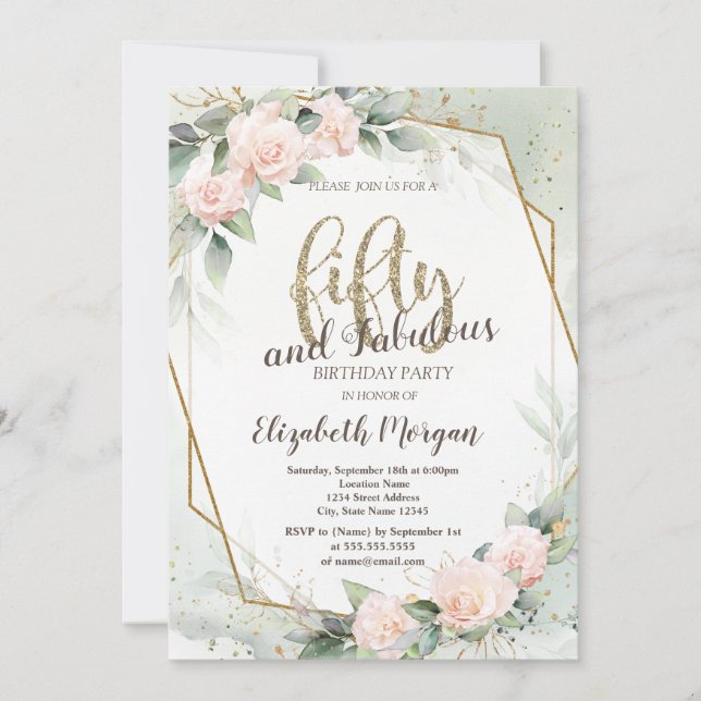 Convites Rosas rosa Frame Confetti Verde 50º Aniversário (Frente)