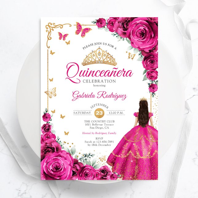 Convites Rosas Rosa Fúcsia Quinceanera Elegante Chic (Criador carregado)