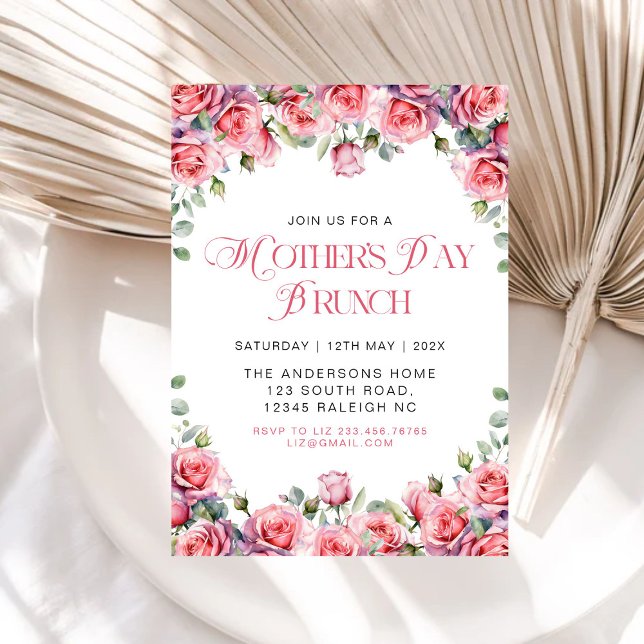 Convites Rosas Rosa Modernas Dia de as mães Floral Brunch (Criador carregado)