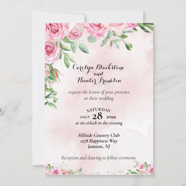 Convites Rosas rosa no casamento rosa e branco (Frente)