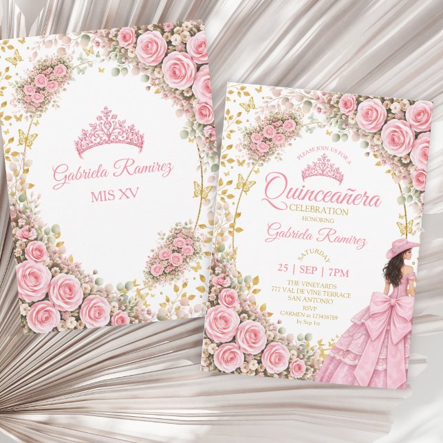 Convites Rosas Rosa Ocidental Borboleta Dourada Quinceañera (Criador carregado)