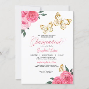 Convites Rosas rosa Ouro Borboleta Quinceañera Aniversári