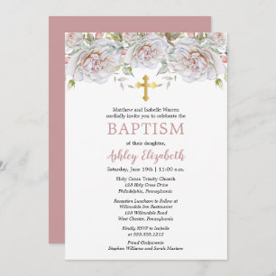 Convites Rosas Rosa Pálidas Batismo Floral de Aquarela