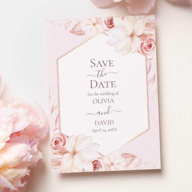 Convites Rosas rosa pálidas Boho Salve a placa de data (Boho Pale Pink Roses Save the Date Card on table with pink roses.)