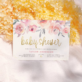 Convites Rosas Rosa Pastel e Folhagens Chique Baby Shower D