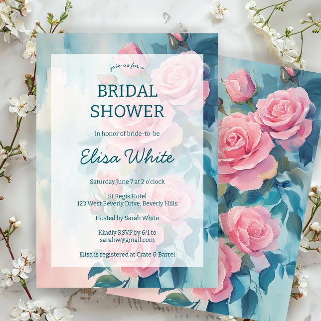 Convites Rosas Rosa pintando Chá de panela PERSONALIZADO (Pink Roses Painting Bridal Shower CUSTOM Invitation
)