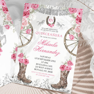 Convites Rosas Rosa Prata Ocidental Charra Quinceañera