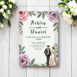 Convites Rosas Rosa Púrpura Casal Watercolor Casamento Flor