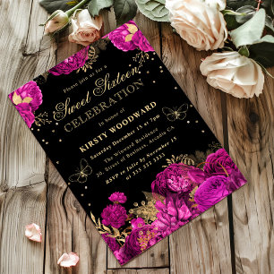 Convites Rosas Rosa Quente e Douradas Floral Doze Anos