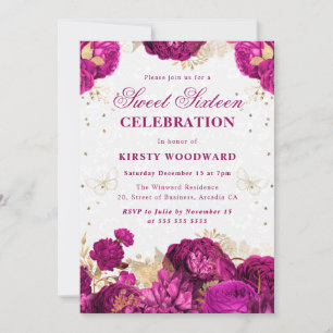 Convites Rosas Rosa Quente e Douradas Floral Sweet Sixteen