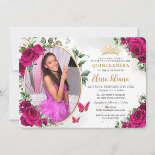 Convites Rosas Rosa Quente Fúcsia Floral Quinceañera  Foto