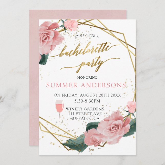 Convites Rosas Rosa Românticas, Dourada Festa de solteira d (Frente/Verso)