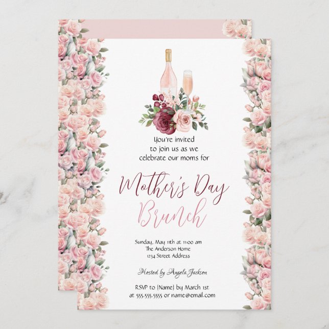 Convites Rosas Rosa Rosa Brilhantes Dia de as mães de Vinho (Frente/Verso)