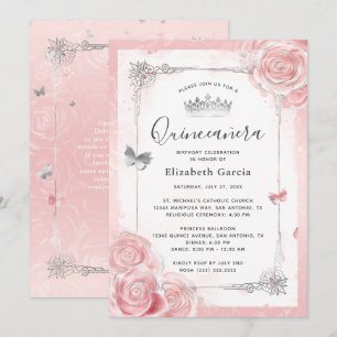 Convites Rosas Rosa-Rosa-De-Prata Quinceanera Aquarela