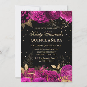 Convites Rosas Rosa Vibrante e Douradas Quinceanera Floral