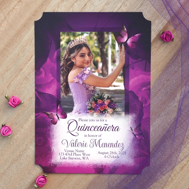 Convites Rosas Rosa Violeta Elegante, Borboletas Quinceaner (Elegant Violet Pink Butterflies Quinceanera Invitations with Photo)